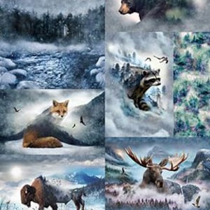 Puede incluir: Un collage de imágenes que presenta fauna en un paisaje montañoso y nevado. Se representan lobos, un alce, un oso, un mapache, un zorro, un bisonte y una escena de montaña con un águila. La paleta de colores está dominada por azules, blancos y verdes.