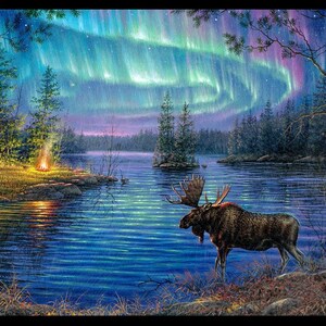 May include: A scenic painting of a moose standing at the edge of a lake, with a campfire on the shore. The sky is filled with vibrant aurora borealis lights in shades of green, blue, and purple. Trees surround the lake.
