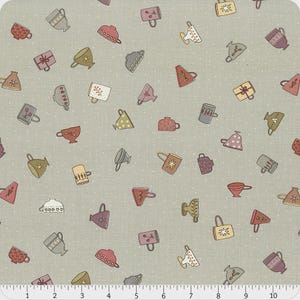 May include: A fabric pattern featuring a repeating design of various teacups and mugs in shades of red, pink, green, and yellow. The cups have different shapes and decorative elements, set against a light gray background with small white polka dots.