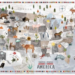 Könnte beinhalten: Aquarellkarte der Vereinigten Staaten von Amerika mit Illustrationen von Wahrzeichen, Tieren und Staatssymbolen. Die Karte enthält den Text "United States of America" unten und ist mit einem farbenfrohen Stammesmuster umrandet.