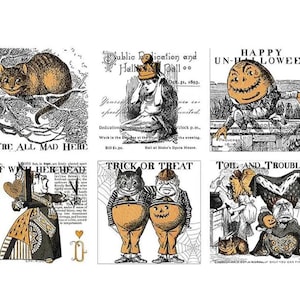 Puede incluir: Un collage de ilustraciones vintage con temática de Halloween. Las imágenes presentan gatos, figuras con cabeza de calabaza y personajes de Alicia en el país de las maravillas. El texto incluye "Trick or Treat" y "We're All Mad Here."