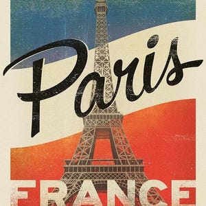 May include: A vintage-style travel poster featuring the Eiffel Tower in dark gray against a background of blue, white, and red diagonal stripes. The word Paris is written in large black script across the center, with the word FRANCE in white block letters.