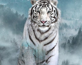 OOP Ice Blue White tiger panel from Hoffman's Call of the wild collection 24x44inch approximately