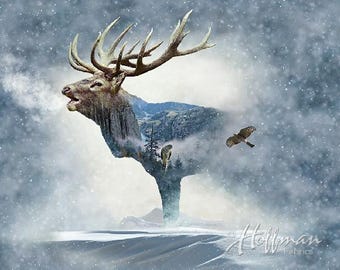 Elk P4397-483 cotton panel  from Call of the Wild 2016 collection by Hoffman Fabrics - elk in the fog and snow forest