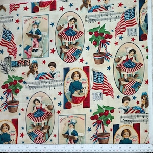 May include: Cotton fabric featuring a patriotic print with children in vintage clothing, American flags, cherry trees in pots, and musical scores. The design includes text such as Yankee Doodle came to town, America, and USA, scattered with red and blue stars.