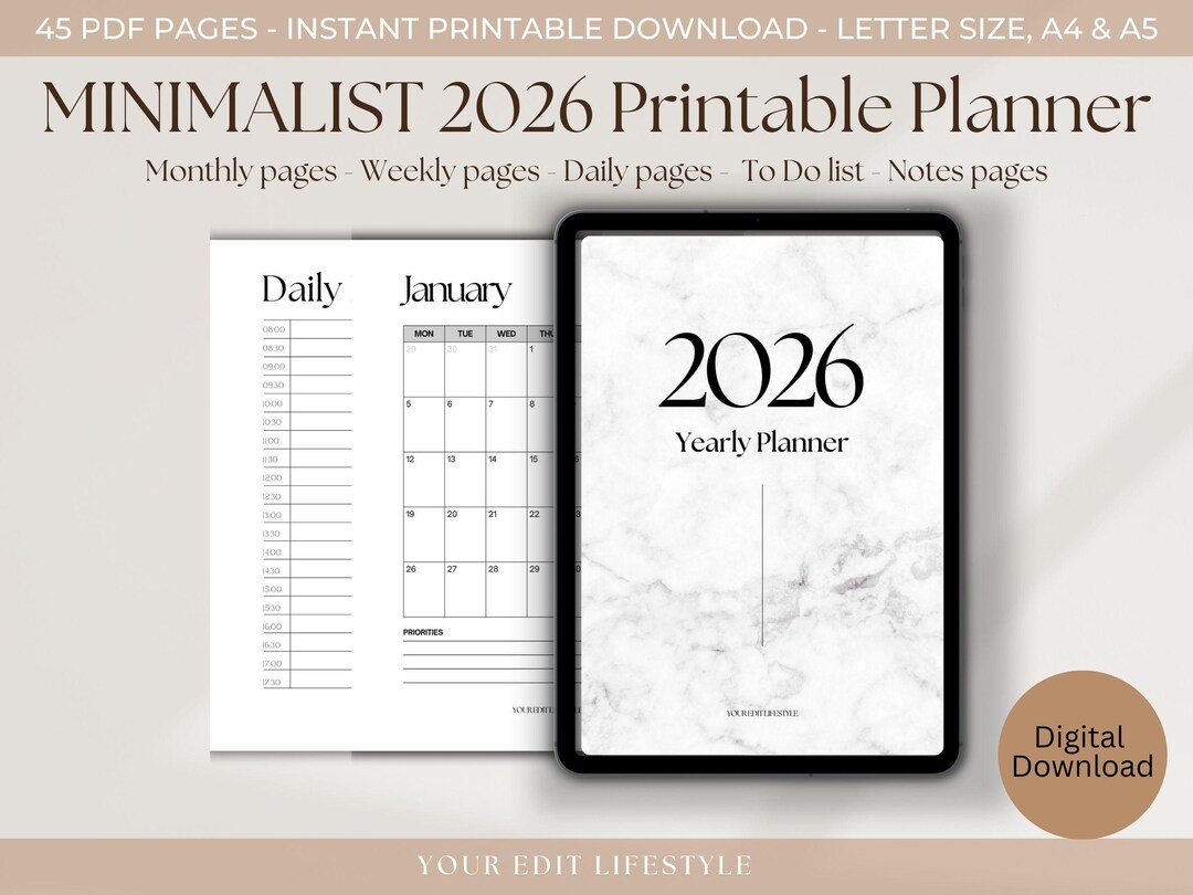 Minimalist 2026 Digital Printable Planner, Monthly, Weekly and Daily ...