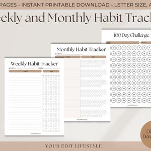 Pode incluir: Rastreadores de hábitos imprimíveis para metas semanais, mensais e de 100 dias. O design inclui um Weekly Habit Tracker, um Monthly Habit Tracker e uma folha de desafio de 100 dias. O texto inclui "Weekly and Monthly Habit Tracker" e "Digital Download".