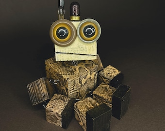 Upcycled Wood Robot Figurine: Miniature Snake Print Decor