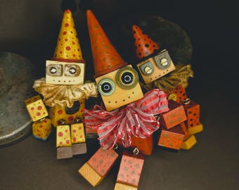 Miniature Robot Clown Sculpture / Upcycled Wood / Vintage Style figurine