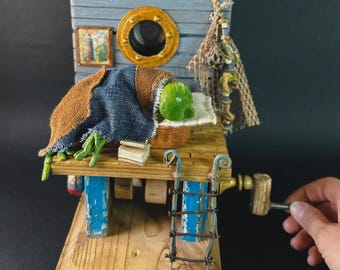 Automaton "Sleeping sailor-frog" / Kinetic toy / Animating wood