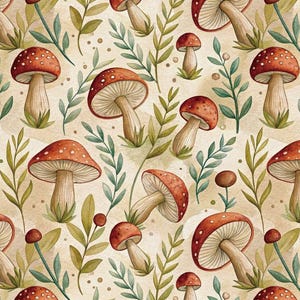 Tela de algodón con estampado de hongos estilo campestre · Tela de algodón 100 % puro, por media yarda