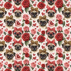 Tecido de algodão com estampa engraçada de buldogue francês - Rosa floral com laço Tecido de algodão 100% algodão puro, por meia jarda