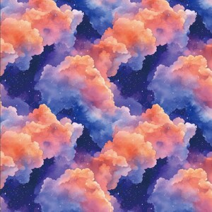 Tela de algodón con estampado de nubes de fantasía y cielo estrellado · Tela de nubes de acuarela 100 % algodón puro, por media yarda