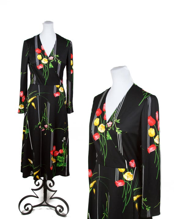 70s NOIR FLORAL WRAP Dress—Flowers and Stripes—Pol