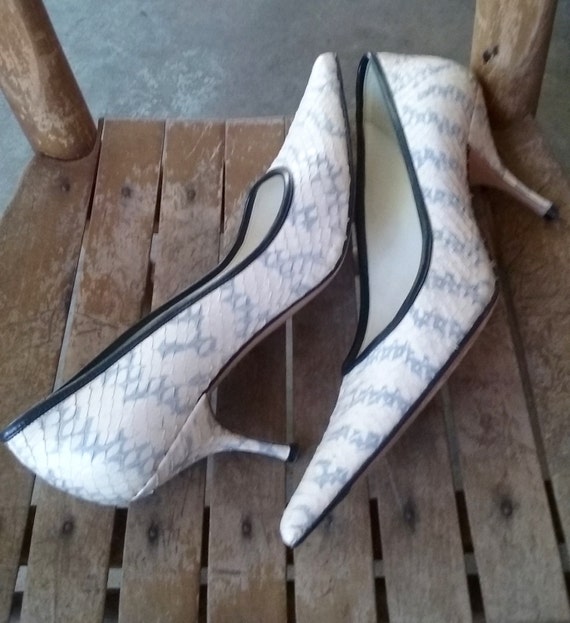 90s MIU MIU--Snakeskin Kitten Heels--Black Piping-