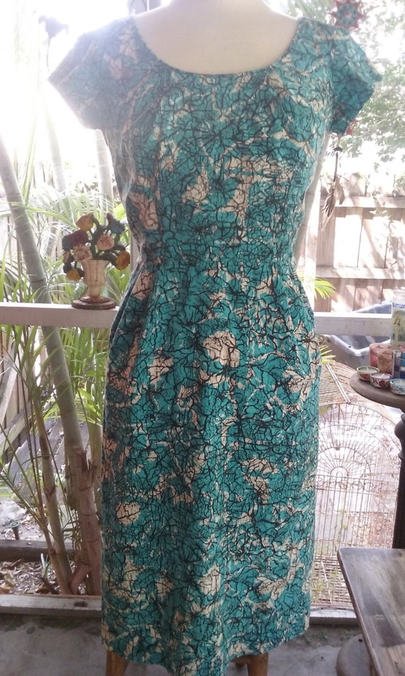 50s DON LOPER--Batik Cotton Wiggle Dress--Aqua, Bl