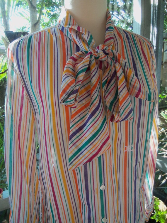70s CÉLINE--Rainbow Striped Cotton-Voile Top--Logo