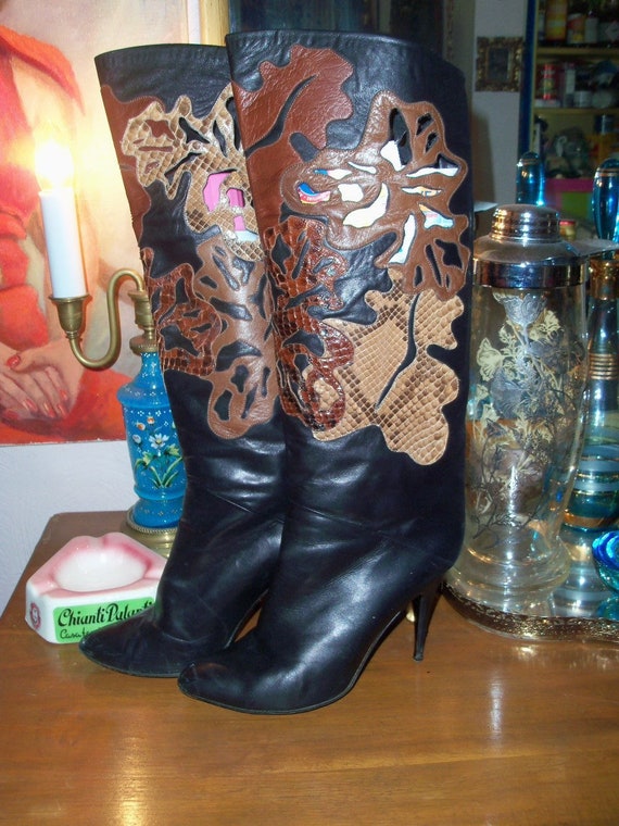 80s RAFFAELE GIARDINI—Knee-High Stiletto Boots—Bla