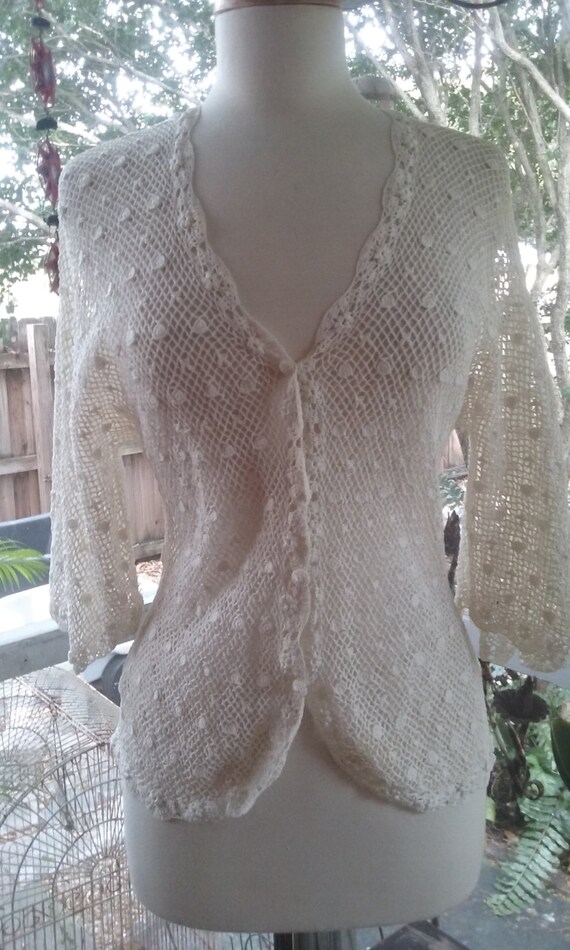 70s CROCHET TOP--Angel Wing Sleeves--Buttons--Skim