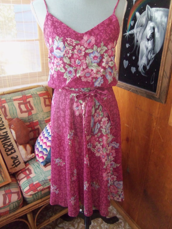 80s FLORAL VOILE SUNDRESS--Mulberry Color--Poly/Co
