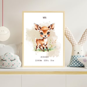 Poster per nascita con motivo animale personalizzabile decorazione cameretta bambini regalo nascita compleanno battesimo festa neonato padrini cucciolo animale