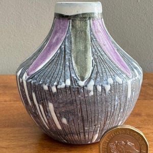 Vintage Laholm Pottery Vase – Attributed to Nils Larsson | Mid-Century Swedish Studio Ceramic in Lavender, Green & White