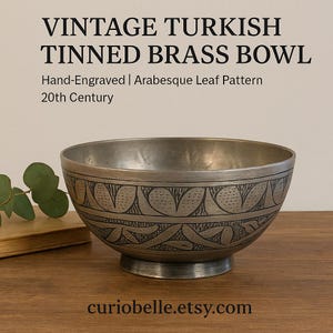 Vintage Turkish Tinned Brass Bowl | Hand-Engraved Metalware with Arabesque Leaf Design | Silver-Toned Decorative Collectible
