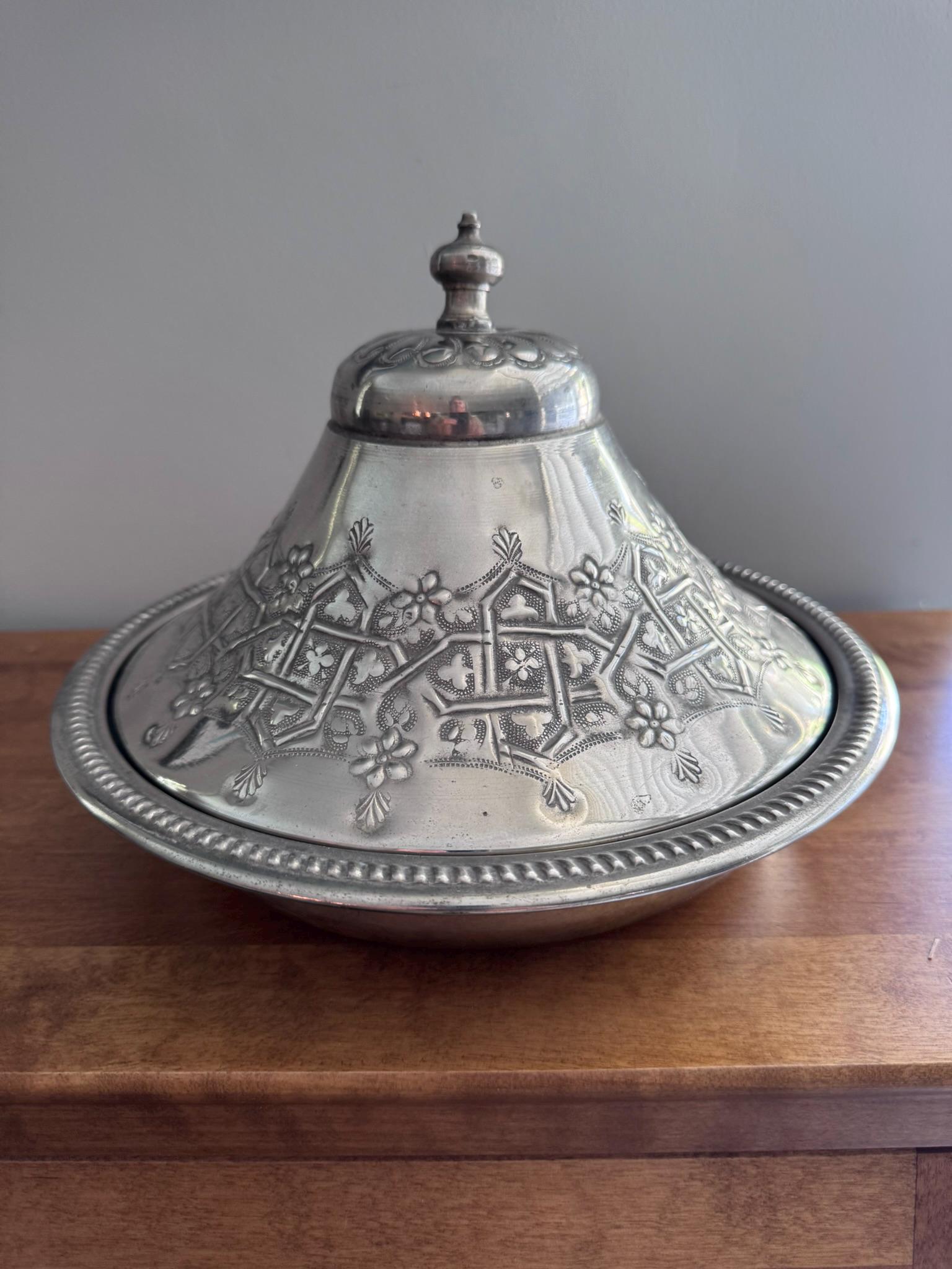 Vintage Silver-Plated Domed Serving Dish | Arabic Marked Tagine Style | Middle Eastern Decorative Platter | 739g