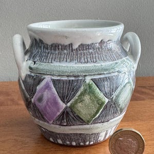 Vintage Swedish Laholm Pottery Vase, Mid-Century Scandinavian Ceramic, Geometric Green Purple Art Pottery, Small Studio Vase with Handles
