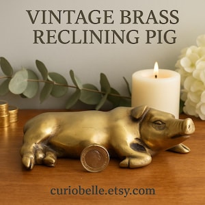 Vintage Solid Brass Reclining Pig Figurine – Farmhouse Decor, Mid-Century Whimsy, Paperweight, Rustic Brass Animal Ornament