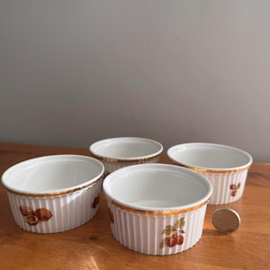 Vintage Franse Pillivuyt-vormpjes – set van 4 geribbelde porseleinen borden met herfstfruitmotieven en gouden rand – ovenvast pilivite, Frankrijk