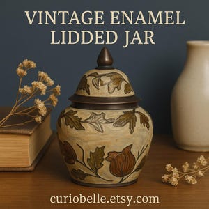 Vintage Enamel Lidded Brass Jar | Art Nouveau Style Floral Decorative Urn | Raised Leaf & Flower Design | Antique Metal Trinket Storage Pot
