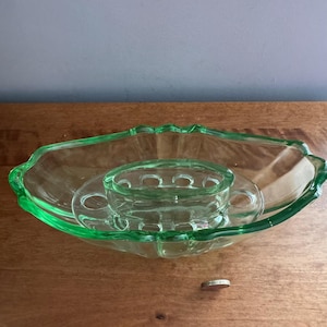 Vintage Bagley &quot;Trent&quot; Uranium Glass Flower Frog and Bowl Set | Art Deco 1930s Vaseline Glass | Glows Under UV | Green Glass Centrepiece