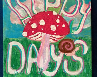 Trippy Mushroom Toadstool Painting with Snail, Hippy Days Art