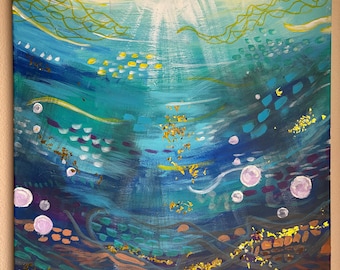 Underwater Painting: Gold Glitter & Purple Bubbles Seascape Art