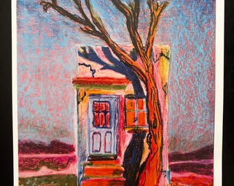 Tree and House Oil Pastel Print