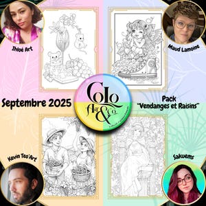May include: A collection of four coloring pages with grape-themed illustrations, framed in gold. The pages are surrounded by portraits of the artists: Ihloé Art, Maud Lamoine, Kevin Teo'Art, and Sakuems. The central logo reads "Colo Art & Co."