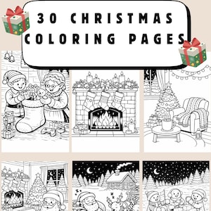 Può includere: Una raccolta di 30 pagine da colorare a tema natalizio, con scene festive come Babbo Natale, elfi, caminetti decorati, alberi di Natale e scatole regalo. Le illustrazioni in bianco e nero sono perfette per attività creative natalizie.