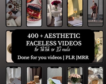 Könnte beinhalten: Eine Collage aus neun Bildern, die verschiedene ästhetische Videoclips für soziale Medien zeigen. Die Bilder zeigen eine Tasse Kaffee, einen Teller mit Gebäck, einen Blumenstrauß, ein Glas Wein, ein Buch und eine Person, die einen Blumenstrauß hält. Der Text "400+ AESTHETIC FACELESS VIDEOS for Tik Tok or IG reels Done for you videos | PLR | MRR" wird in der Mitte der Collage angezeigt.