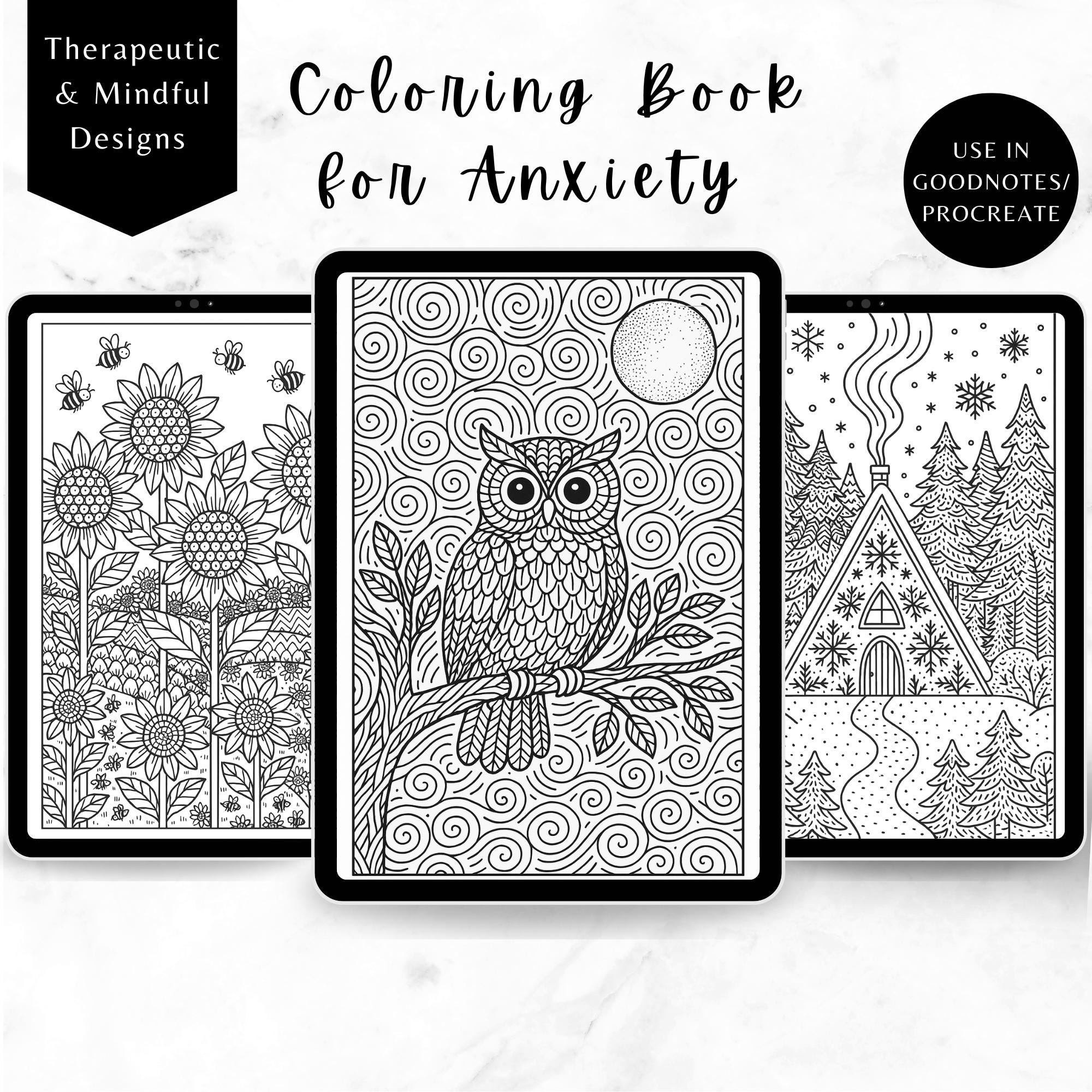 Libro de colorear digital MRR/PLR para aliviar la ansiedad – Diseños terapéuticos de mindfulness, páginas imprimibles antiestrés