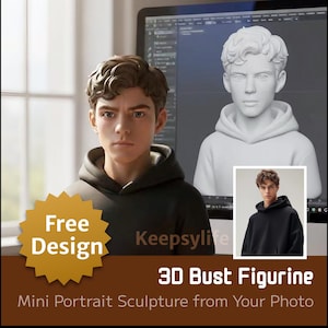 May include: A digital rendering of a 3D bust figurine, featuring a person in a black hoodie. The image includes a computer screen displaying a 3D model and a smaller photo of the person. Text reads "Free Design" and "3D Bust Figurine".