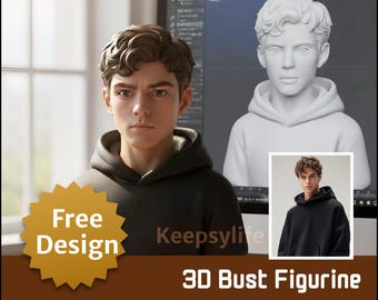 May include: A digital rendering of a 3D bust figurine, featuring a person in a black hoodie. The image includes a computer screen displaying a 3D model and a smaller photo of the person. Text reads "Free Design" and "3D Bust Figurine".