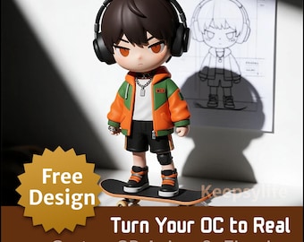 May include: A custom 3D anime figurine of a character wearing headphones, an orange and green jacket, black shorts, and sneakers, standing on a skateboard. The image includes the text "Free Design" and "Turn Your OC to Real".