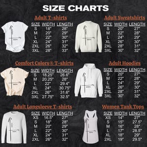 a collection of size charts for various clothing items, including adult T-shirts, sweatshirts, hoodies, and tank tops. The charts provide measurements for different sizes, such as S, M, L, XL, XXL, and 2XL, as well as comfort colors for the T-shirts.