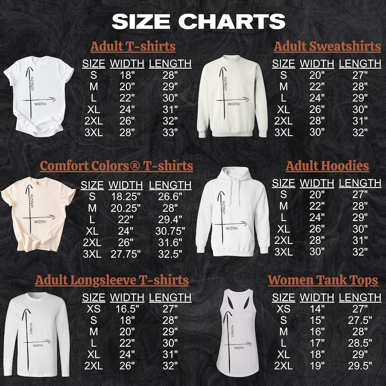 a collection of size charts for various clothing items, including adult T-shirts, sweatshirts, hoodies, and tank tops. The charts provide measurements for different sizes, such as S, M, L, XL, XXL, and 2XL, as well as comfort colors for the T-shirts.