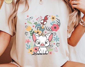 Disney Moana Pua And Hei Hei Floral Retro 70s Shirt, Disney Moana Shirt, Disneyland Trip Shirt, Disney Friends Shirt