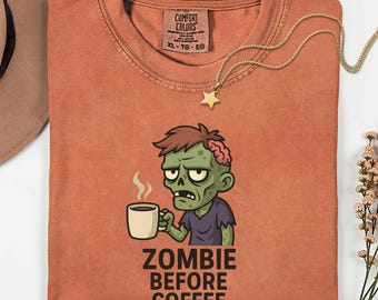 Zombie Coffee Halloween Sweatshirt and TShirt, Funny Killer Coffee Tee, Charm Zombie Tee, Spooky Crunch Tee