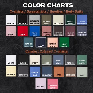 a color chart for various clothing items, including T-shirts, sweatshirts, hoodies, and body suits, with a focus on color combinations and shades.