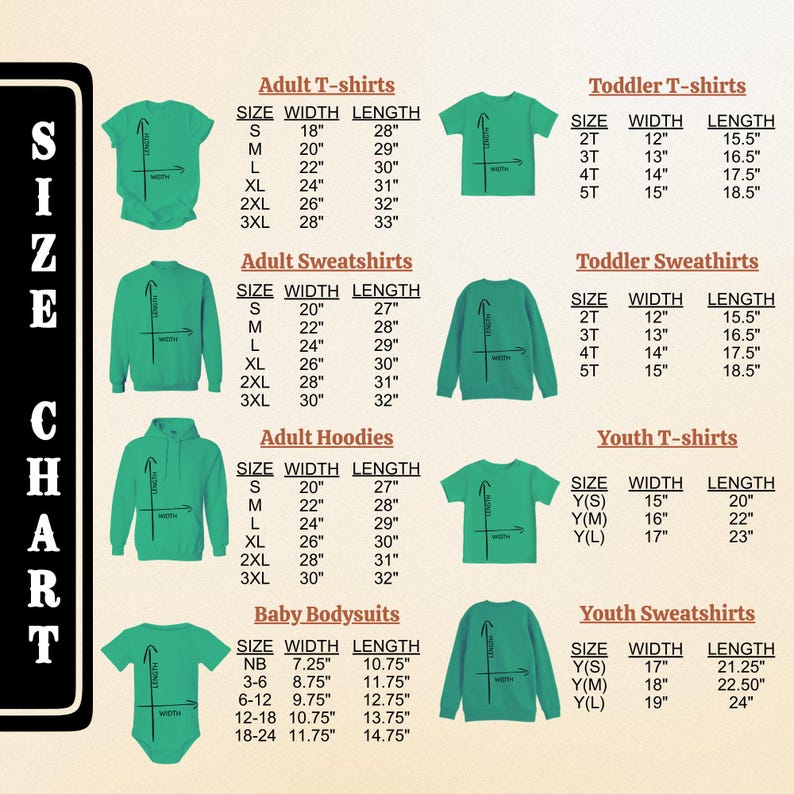 The image is a size chart that provides measurements for various clothing items such as adult T-shirts, sweatshirts, hoodies, and baby bodysuits.