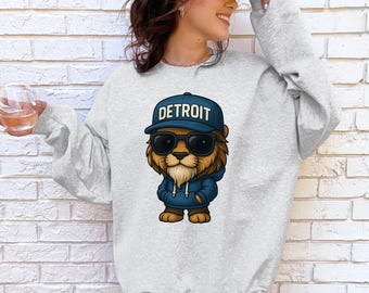 Detroit Football Mascot Sweatshirt And Shirt, Lion Football Game Day Crewneck Sweatshirt, Cool Lion with Hat Sweatshirt